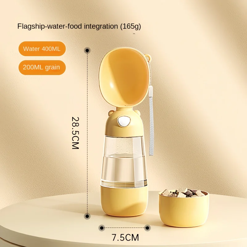 Yellow travel dog water bottle with food container attachment