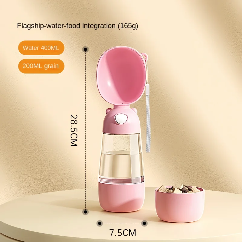 Pink travel dog water bottle with food container attachment